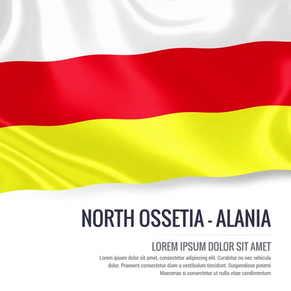 Bandera de Osetia del Norte-Alania. Bandera sedosa de Osetia del Norte-Alania ondeando sobre un fondo blanco aislado con el área de texto blanco para su mensaje de anuncio. Renderizado 3D . —  Fotos de Stock
