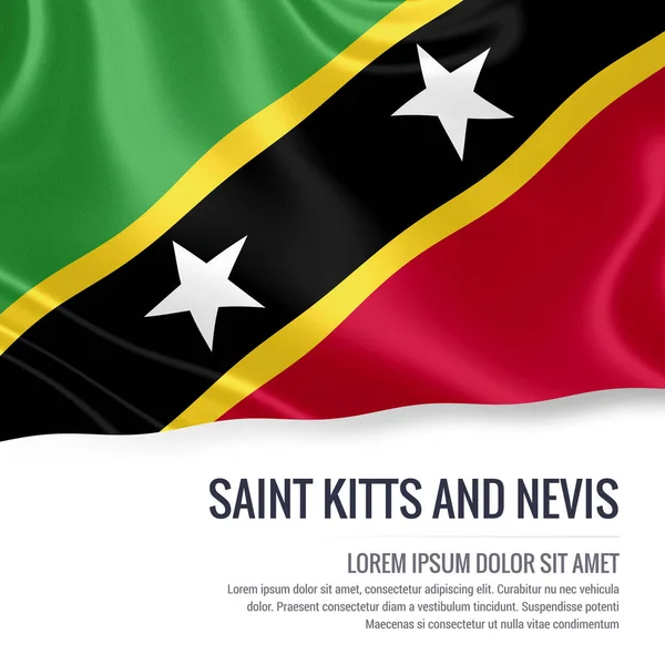 Saint Kitts och Nevis flagga. Silky flagga av Saint Kitts och Nevis vinka på en isolerad vit bakgrund med det vita textområdet för ditt annons meddelande. 3D-rendering. — Stockfoto