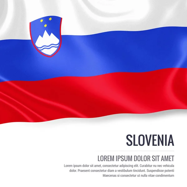 Bandeira da Eslovénia. Bandeira de seda da Eslovénia acenando sobre um fundo branco isolado com a área de texto branco para a sua mensagem de anúncio. Renderização 3D . — Fotografia de Stock