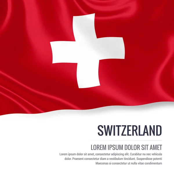 Bandera de Suiza. Bandera sedosa de Suiza ondeando sobre un fondo blanco aislado con el área de texto blanco para su mensaje de anuncio. Renderizado 3D . —  Fotos de Stock