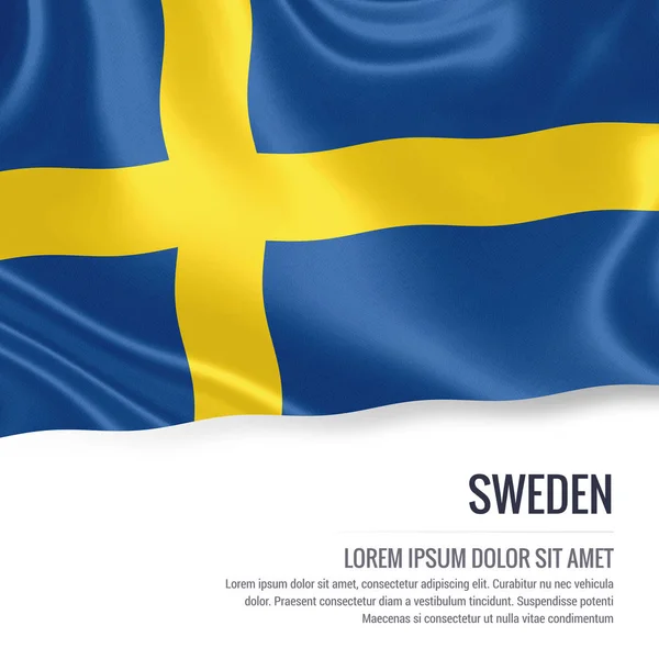 Bandera de Suecia. Bandera sedosa de Suecia ondeando sobre un fondo blanco aislado con el área de texto blanco para su mensaje de anuncio. Renderizado 3D . —  Fotos de Stock