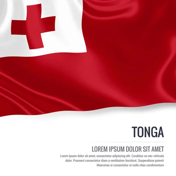 Bandera Tonga. Bandera sedosa de Tonga ondeando sobre un fondo blanco aislado con el área de texto blanco para su mensaje de anuncio. Renderizado 3D . —  Fotos de Stock