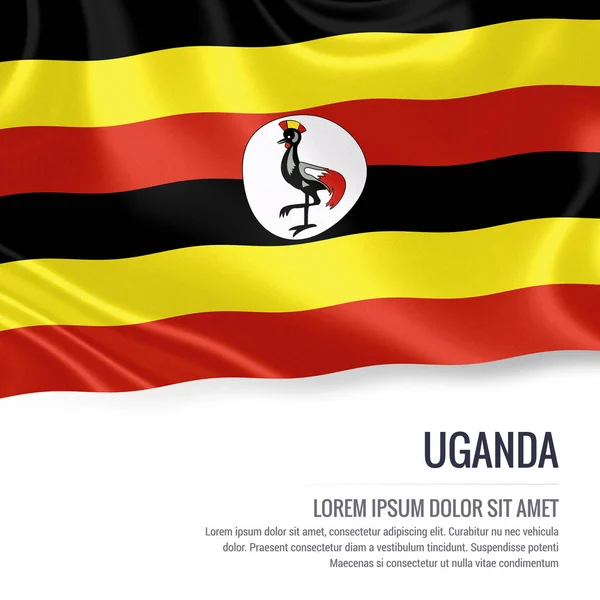 Ugandas Flagge. seidene Flagge von Uganda, die auf einem isolierten weißen Hintergrund mit der weißen Textfläche für Ihre Werbebotschaft weht. 3D-Darstellung. — Stockfoto