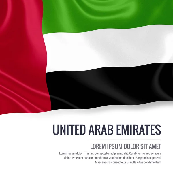 Bandera de Emiratos Árabes Unidos. Bandera sedosa de los Emiratos Árabes Unidos ondeando sobre un fondo blanco aislado con el área de texto blanco para su mensaje de anuncio. Renderizado 3D . — Foto de Stock