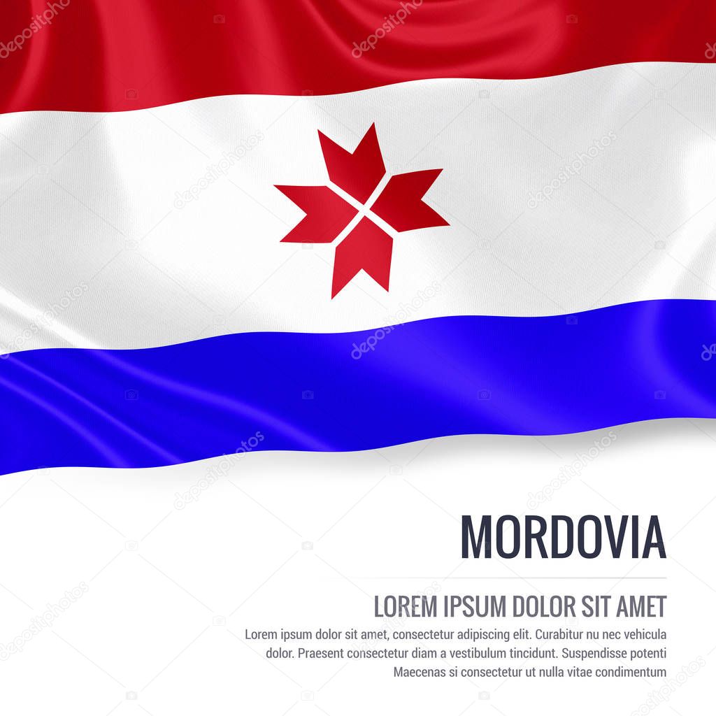 Mordovia flag. Silky flag of Mordovia waving on an isolated white background with the white text area for your advert message. 3D rendering.