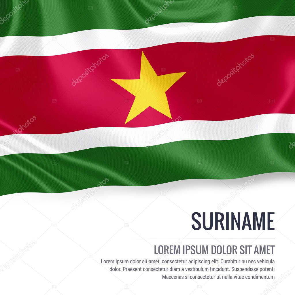 Suriname flag. Silky flag of Suriname waving on an isolated white background with the white text area for your advert message. 3D rendering.