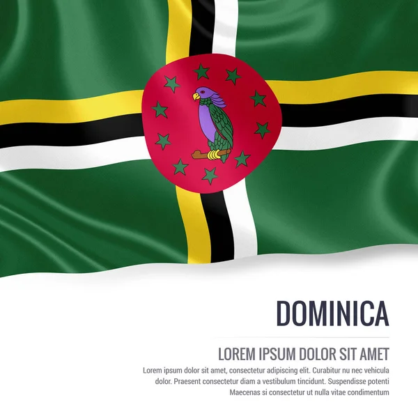 Dominica flagga. Silkeslen flagga Dominica viftande på en isolerad vit bakgrund med vit Textområde för din annons meddelande. 3D-rendering. — Stockfoto