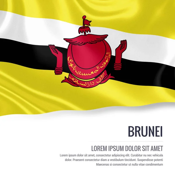 Bandera Brunei. Bandera sedosa de Brunei ondeando sobre un fondo blanco aislado con el área de texto blanco para su mensaje de anuncio. Renderizado 3D . — Foto de Stock