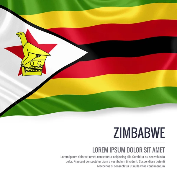 Bandiera Zimbabwe. Bandiera di seta dello Zimbabwe sventola su uno sfondo bianco isolato con l'area di testo bianco per il tuo messaggio pubblicitario. Rendering 3D . — Foto Stock