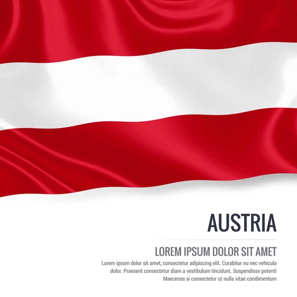 Bandera de Austria. Bandera sedosa de Austria ondeando sobre un fondo blanco aislado con el área de texto blanco para su mensaje de anuncio. Renderizado 3D . —  Fotos de Stock