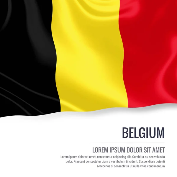 Belgien flagga. Silkeslen flagga Belgien viftande på en isolerad vit bakgrund med vit Textområde för din annons meddelande. 3D-rendering. — Stockfoto