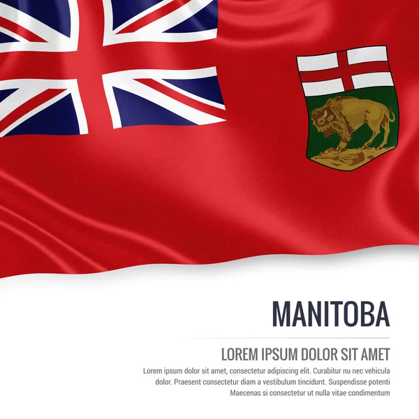 Stato canadese bandiera Manitoba sventola su uno sfondo bianco isolato. Nome dello Stato e area di testo del messaggio . — Foto Stock