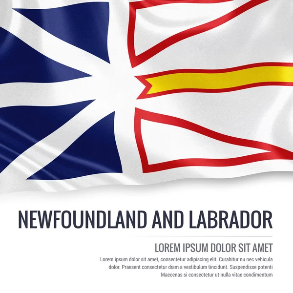 Stato canadese Terranova e Labrador bandiera sventola su uno sfondo bianco isolato. Nome dello Stato e area di testo del messaggio . — Foto Stock