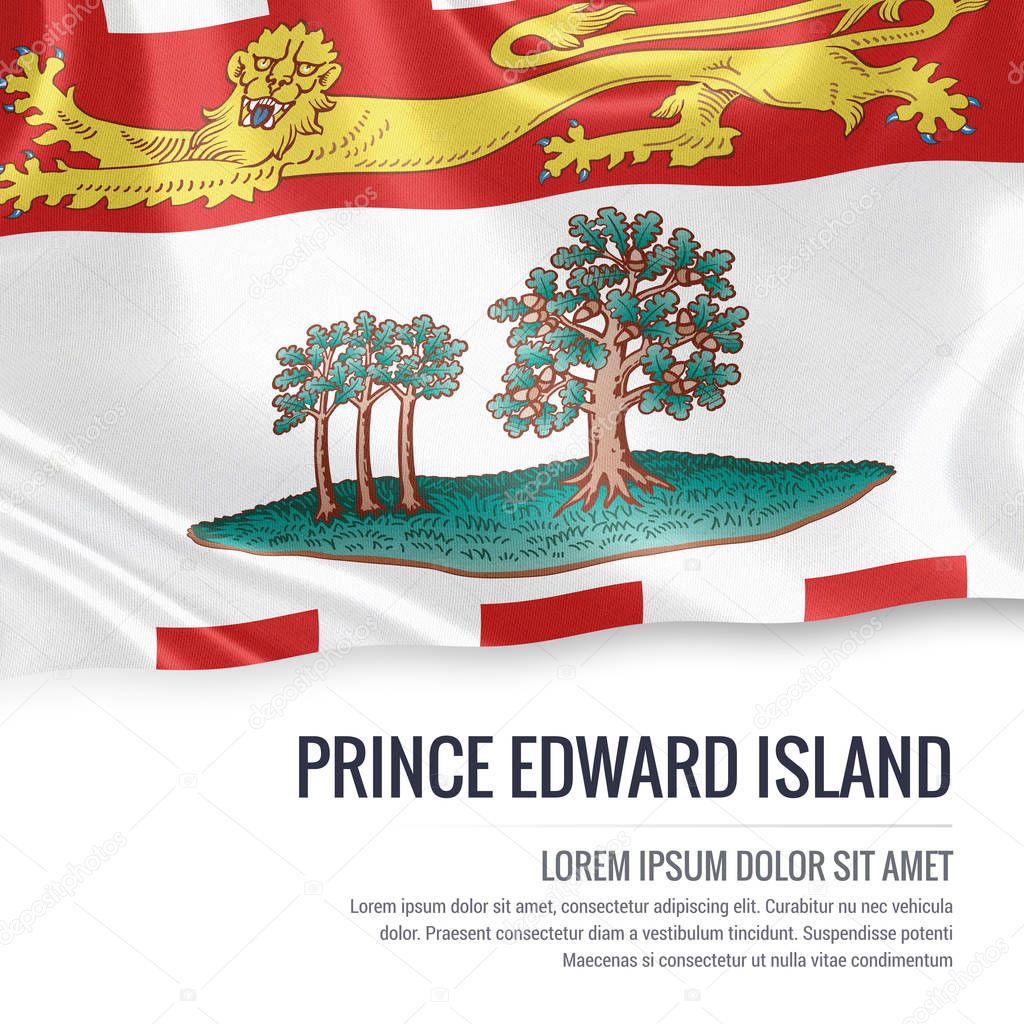 Canadian state Prince Edward Island flag waving on an isolated white background. State name and the text area for your message.