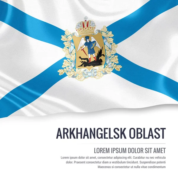 Bandera del óblast de Arkhangelsk del estado ruso ondeando sobre un fondo blanco aislado. Nombre del estado y el área de texto para su mensaje. Ilustración 3D . —  Fotos de Stock