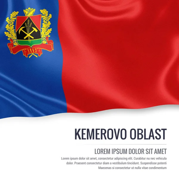 Bandeira russa do Oblast de Kemerovo acenando sobre um fundo branco isolado. Indique o nome e a área de texto da sua mensagem. Ilustração 3D . — Fotografia de Stock