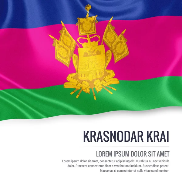 Estado russo Bandeira Krai Krasnodar acenando sobre um fundo branco isolado. Indique o nome e a área de texto da sua mensagem. Ilustração 3D . — Fotografia de Stock