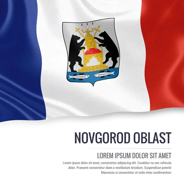 Bandera del óblast de Novgorod del estado ruso ondeando sobre un fondo blanco aislado. Nombre del estado y el área de texto para su mensaje. Ilustración 3D . — Foto de Stock