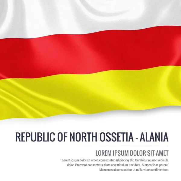 Ryska staten republiken av Nordossetien flagga vajande på en isolerad vit bakgrund. Statliga namn och textområdet för ditt meddelande. 3D illustration. — Stockfoto