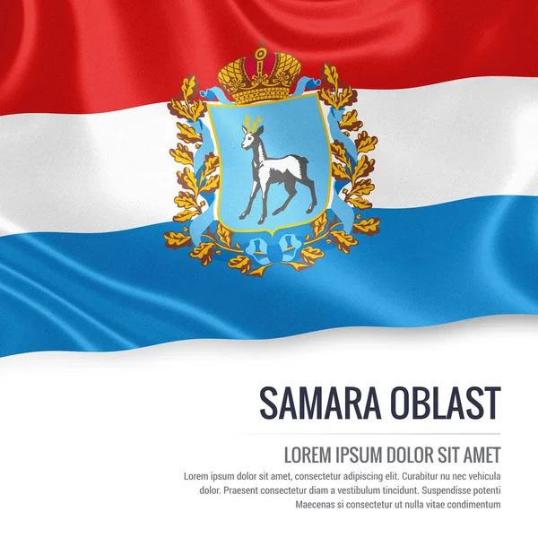 Bandera del óblast de Samara del estado ruso ondeando sobre un fondo blanco aislado. Nombre del estado y el área de texto para su mensaje. Ilustración 3D . — Foto de Stock