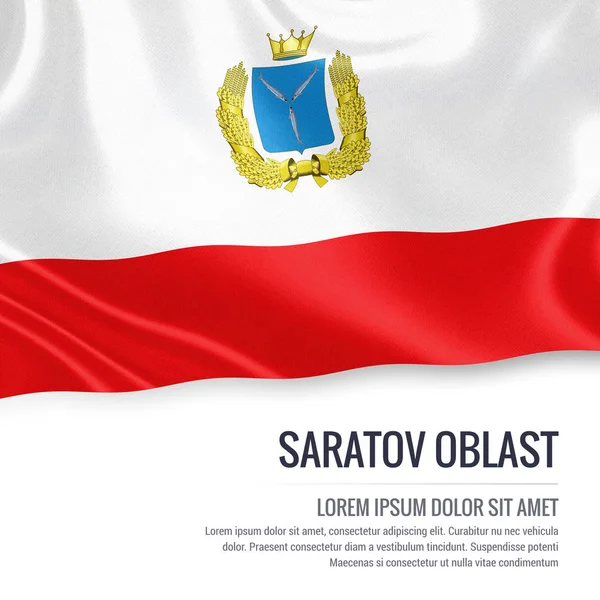Estado ruso Saratov Bandera del óblast ondeando sobre un fondo blanco aislado. Nombre del estado y el área de texto para su mensaje. Ilustración 3D . —  Fotos de Stock