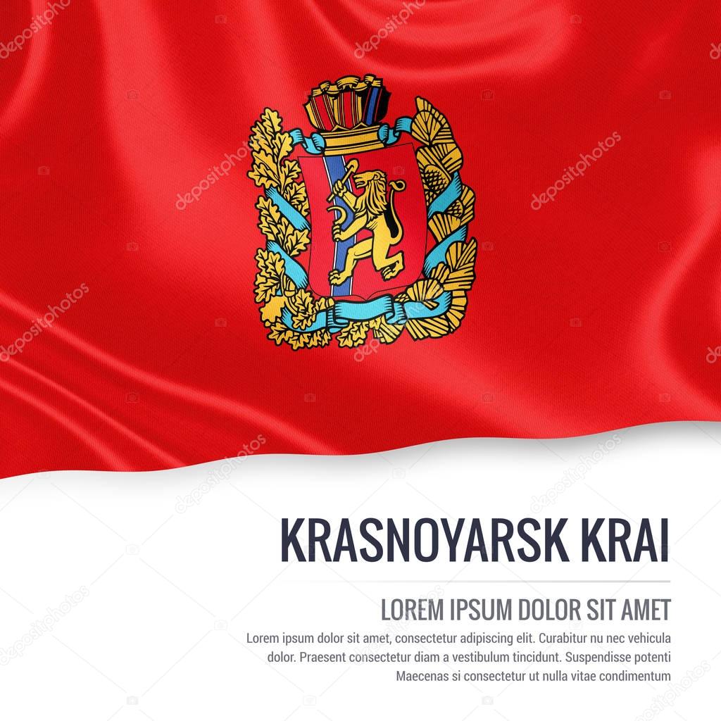 Russian state Krasnoyarsk Krai flag waving on an isolated white background. State name and the text area for your message. 3D illustration.