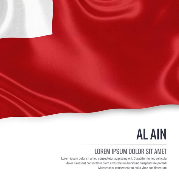 Birleşik Arap Emirlikleri devlet Al Ain bayrak izole beyaz arka plan üzerinde sallayarak. Eyalet adı ve metin alanının mesajınız için. 3D çizim. — Stok fotoğraf