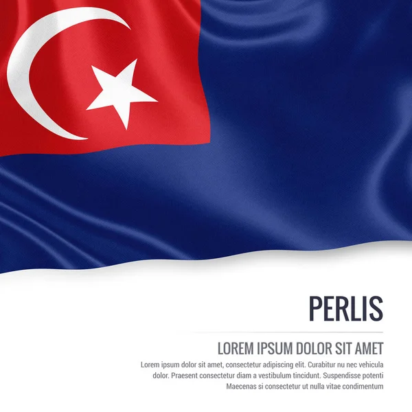 Bandeira Perlis. Bandeira do estado malaio Perlis acenando sobre um fundo branco isolado. Indique o nome e a área de texto da sua mensagem. Ilustração 3D . — Fotografia de Stock