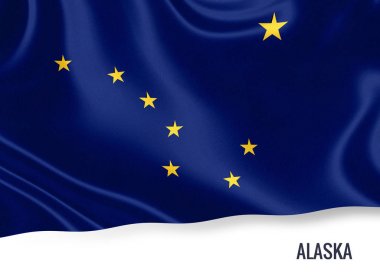 ABD devlet Alaska bayrak izole beyaz arka plan üzerinde sallayarak. Eyalet adı altında sanat dahil.