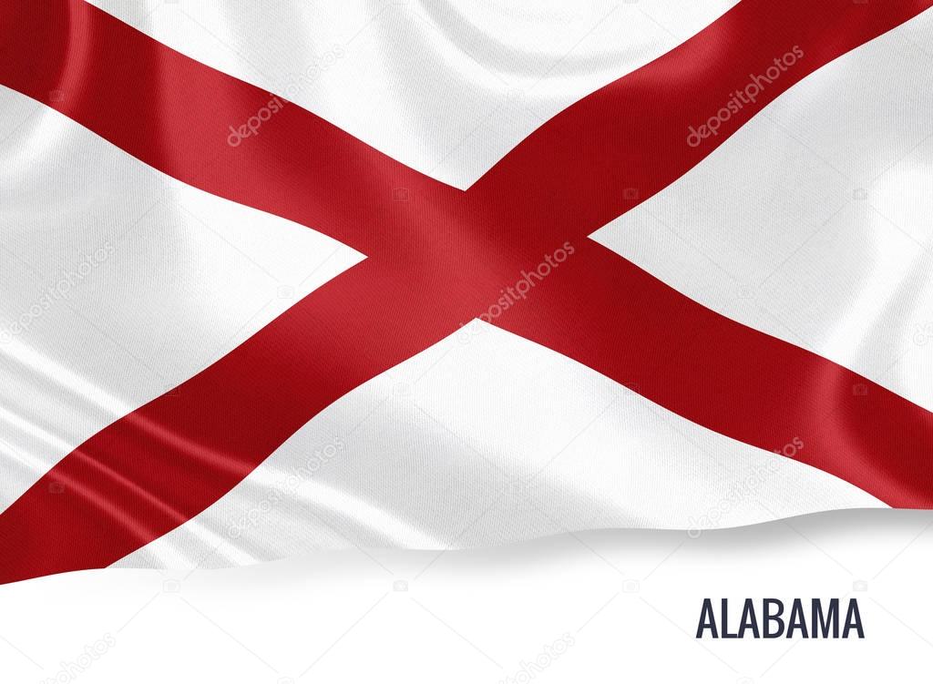 U.S. state Alabama flag waving on an isolated white background. State name included below the artwork.