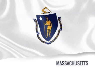 ABD devlet Massachusetts bayrak izole beyaz arka plan üzerinde sallayarak. Eyalet adı altında sanat dahil.