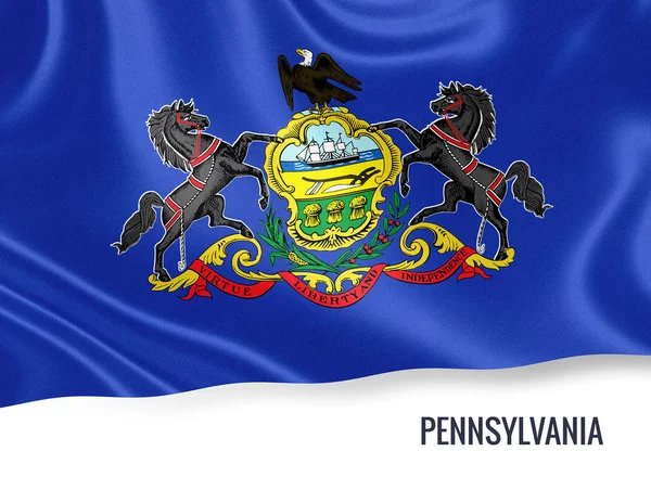 Stato degli Stati Uniti bandiera della Pennsylvania sventola su uno sfondo bianco isolato. Nome dello Stato incluso sotto l'opera d'arte . — Foto Stock