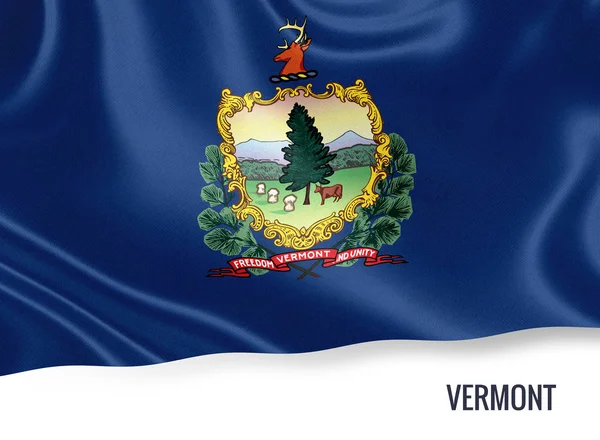美国佛蒙特州国旗挥舞在孤立的白色背景上。状态名称包含在下面图稿. — 图库照片