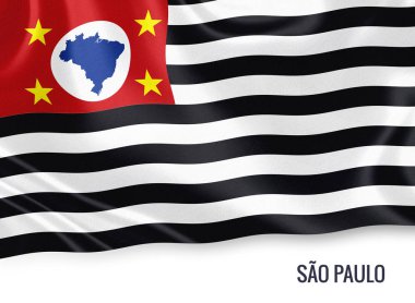 Brezilya devlet Sao Paulo bayrak izole beyaz arka plan üzerinde sallayarak. Eyalet adı bayrağı altında bulunur. 3D render.