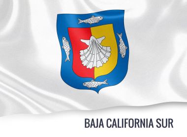 Meksika Devlet Baja California Sur'deki/bayrak izole beyaz arka plan üzerinde sallayarak. Eyalet adı bayrağı altında bulunur. 3D render.