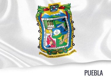 Mexican state Puebla flag waving on an isolated white background. State name is included below the flag. 3D rendering. clipart