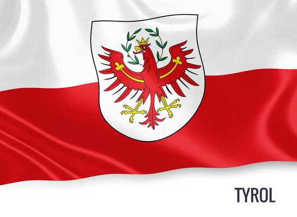 Bandera estatal austriaca del Tirol ondeando sobre un fondo blanco aislado. El nombre del estado se incluye debajo de la bandera. Renderizado 3D . —  Fotos de Stock