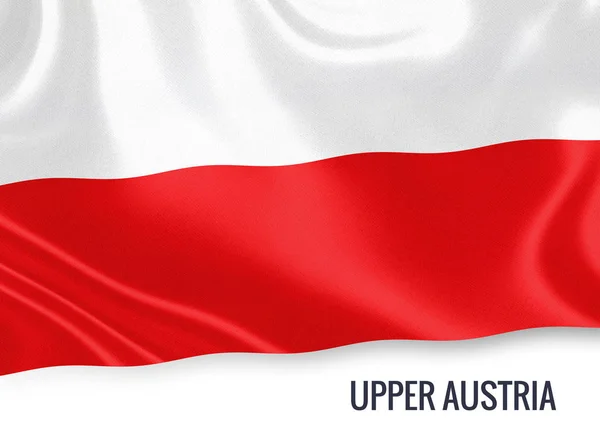 Bandera del estado austriaco de Alta Austria ondeando sobre un fondo blanco aislado. El nombre del estado se incluye debajo de la bandera. Renderizado 3D . —  Fotos de Stock