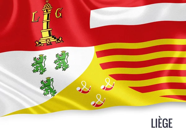 Bandera del estado belga de Lieja ondeando sobre un fondo blanco aislado. El nombre del estado se incluye debajo de la bandera. Renderizado 3D . — Foto de Stock