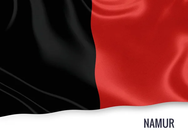 Państwa belgijskiego Namur flaga macha na na białym tle. Nazwa stanu znajduje się poniżej flagi. renderowania 3D. — Zdjęcie stockowe