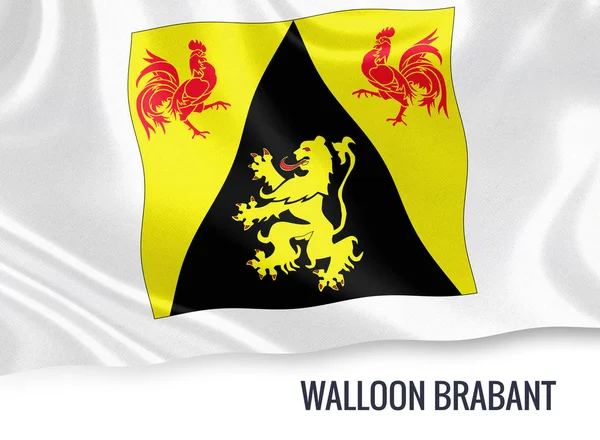 Bandera del estado belga de Brabante Valón ondeando sobre un fondo blanco aislado. El nombre del estado se incluye debajo de la bandera. Renderizado 3D . — Foto de Stock