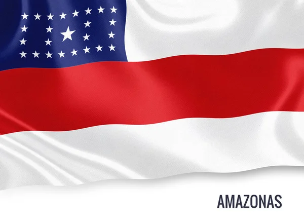 Bandeira do Amazonas do estado brasileiro acenando sobre um fundo branco isolado. O nome do estado está incluído abaixo da bandeira. Renderização 3D . — Fotografia de Stock