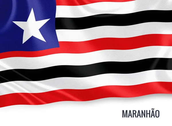 Brezilya devlet Maranhao bayrak izole beyaz arka plan üzerinde sallayarak. Eyalet adı bayrağı altında bulunur. 3D render. — Stok fotoğraf
