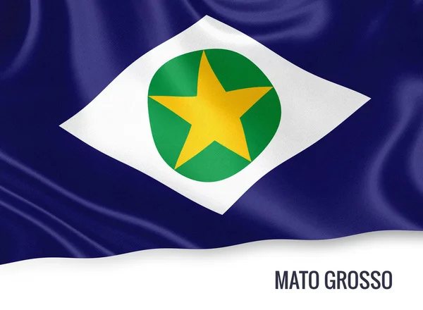 Brazilian state Mato Grosso flag waving on an isolated white background. State name is included below the flag. 3D rendering. — Stock Photo, Image