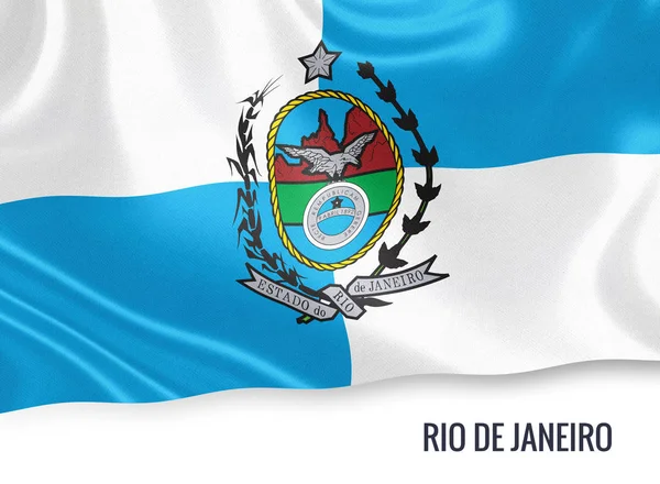 Бразильському штаті Ріо-де-Жанейро прапор махав на ізольованих білим тлом. Назва держави включено нижче прапор. 3D-рендерінг. — стокове фото