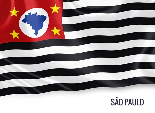 Brazilian state Sao Paulo flag waving on an isolated white background. State name is included below the flag. 3D rendering. — Stock Photo, Image