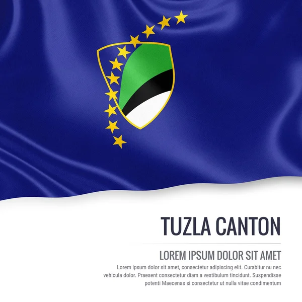 Федерация Боснии и Герцеговины размахивает флагом кантона Тузла на изолированном белом фоне. Имя состояния и текстовая область сообщения. 3D иллюстрация . — стоковое фото