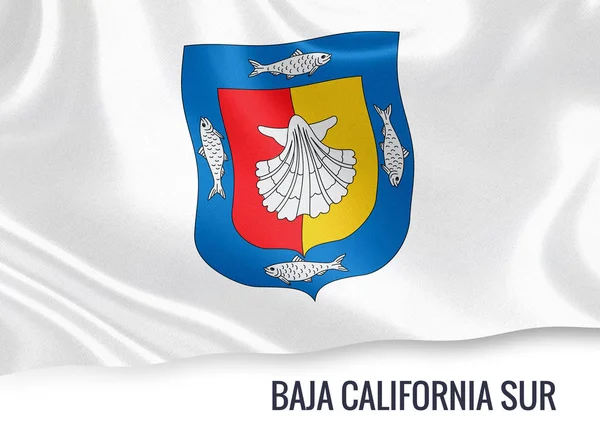 Bandera del estado mexicano de Baja California Sur ondeando sobre un fondo blanco aislado. El nombre del estado se incluye debajo de la bandera. Renderizado 3D . — Foto de Stock
