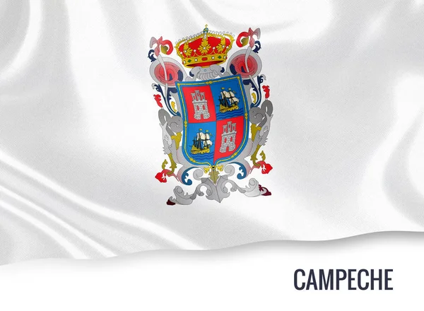 Mexican state Campeche flag waving on an isolated white background. State name is included below the flag. 3D rendering. — Stock Photo, Image