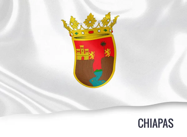 Mexican state Chiapas flag waving on an isolated white background. State name is included below the flag. 3D rendering. — Stock Photo, Image